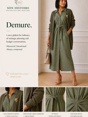 DKNY Olive Green Button-Front Belted Midi Dress